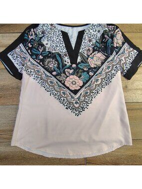 Modlily Pink Floral Scarf Print Split V-Neck Short Sleeve Blouse Tunic Top Mediu